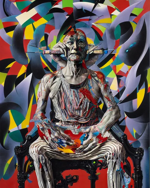 Prompt: decollage painting old struggling lord on a throne by adrian ghenie and takato yamamoto and edward hopper and mark ryden and tsutomu nihei, part by bridget riley, acrylic pour and splashing paint, very coherent, baroque elements, perfect anatomy, intricate design. pop art.