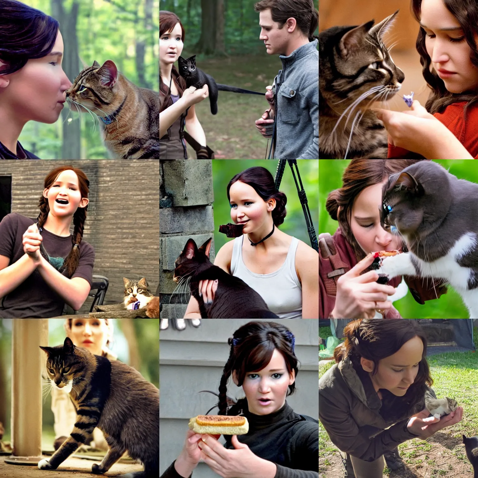 Prompt: Katniss Everdeen letting a cat eat treats out of her hand