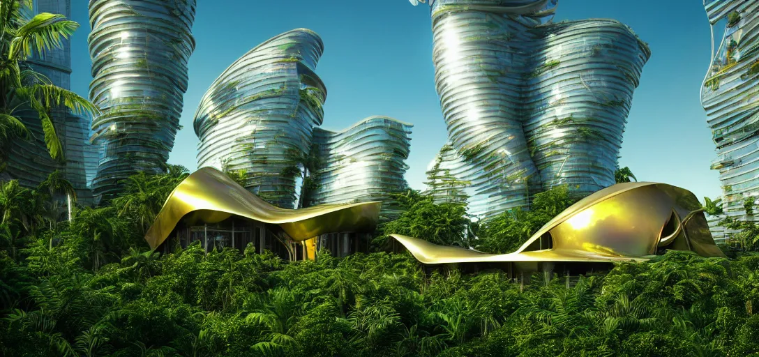 Prompt: futuristic shinny golden iridiscent mirror buildings in an jungle landscape of a solarpunk with overgrown vegetation city by frank gehry and zaha hadid and santiago calatrava, movie poster, golden ratio, evening lighting, film still, realistic, spaceships landing, octane render redshift arnold materials unreal engine, 8 k post production, hyper detailed