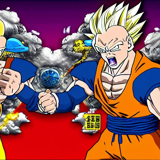 Prompt: Biden vs Putin Dragon Ball fighting in the style of Akira Toriyama, High quality, detailed