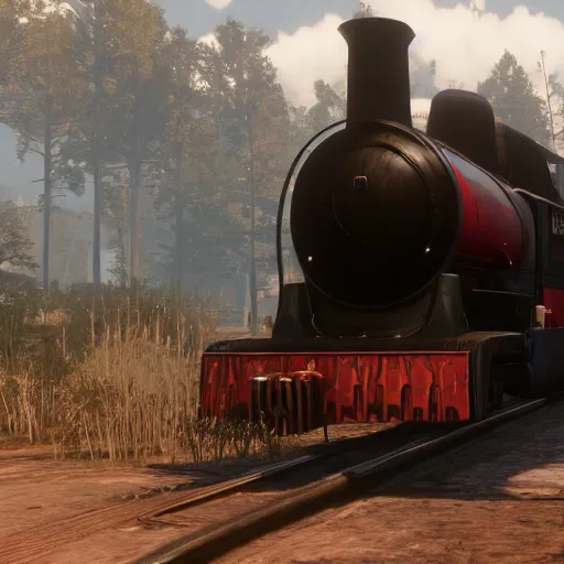 Image similar to futuristic sleek steam locomotive in red dead redemption 2