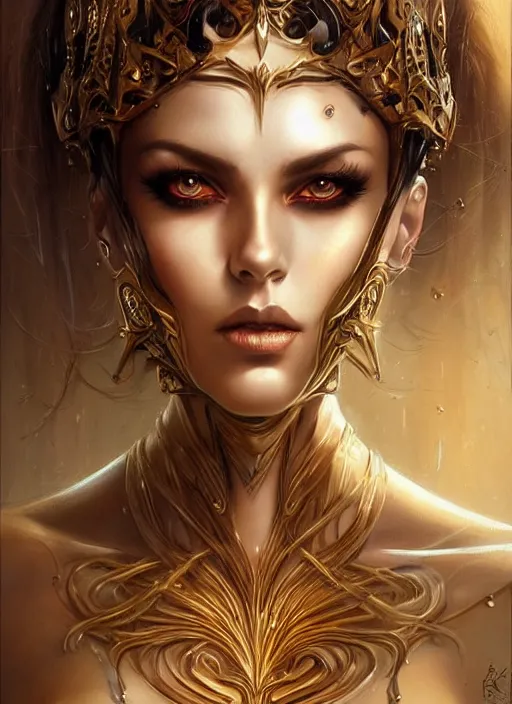 Prompt: a highly detailed symmetrical painting of a female fantasy seductive sensual dark mistress with piercing beautiful eyes, trending on artstation, deviantart, art by artgerm and karol bak and mark brooks