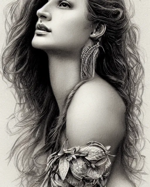 Image similar to pencil drawing of a beautiful greek goddess aphrodite wearing a laurel wreath and arrowhead earrings, beautiful confident eyes, beautiful flowing hair, hyper realistic face, in the style of greg rutkowski, fantasy, amazing detail, epic, elegant, smooth, sharp focus, from the front, long shot
