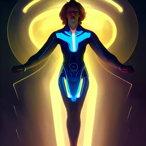 Image similar to tron angel, diffuse lighting, hyper realistic, elegant, concept art, intricate, hyper detailed, smooth, sharp focus, illustration, trending on artstation, art by greg rutkowski and james gurney and alphonse mucha