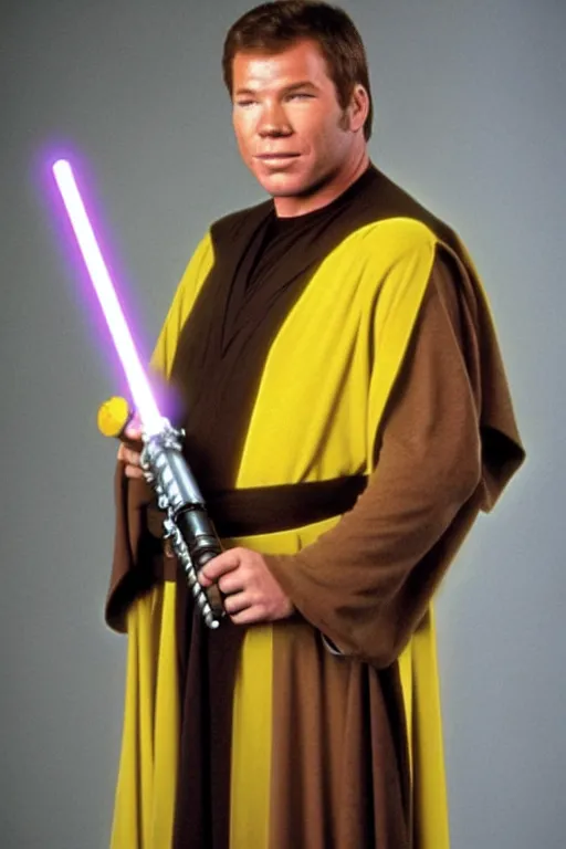 Prompt: photorealistic!! young adult william shatner as a jedi knight, brown jedi robe, holding a yellow lightsaber, film quality