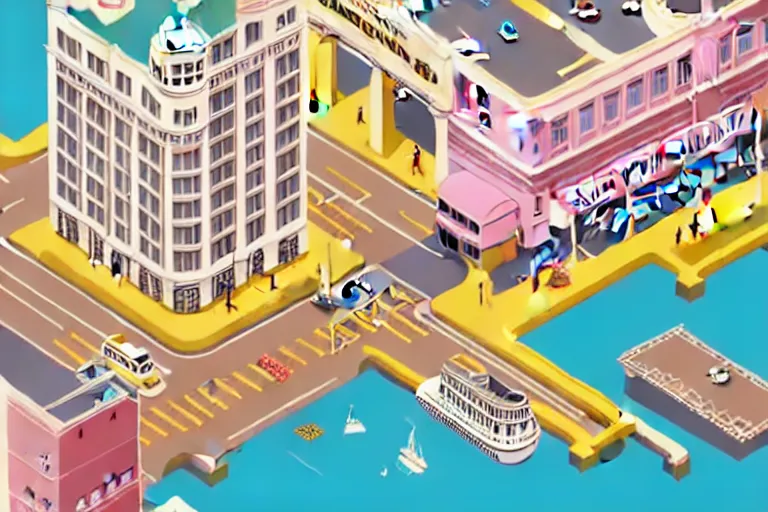 Image similar to highly detailed isometric illustration of a city scape by Wes Anderson, hyperrealistic, photorealistic, artstyle, highly detailed, sharp