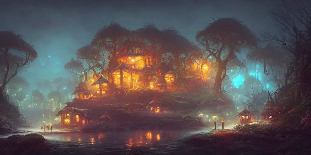 Prompt: bioluminescent mushroom village by tom bagshaw, rococo, intricate, detailed, photorealistic imagery, artstation render inspired by alena aenami 8 k