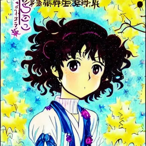 Image similar to a shoujo manga cover with a girl with big sparkly eyes and brown curly hair, in the style of naoko takeuchi ( 1 9 8 0 s )