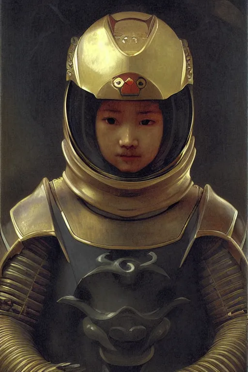 Image similar to portrait of a evil dragon astronaut with chinese dragon armor and helmet, majestic, solemn, by bouguereau