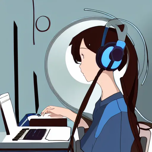 Prompt: a side view of a girl sitting on her desktop writing something headphones on, hand on her chin, digital art, anime, ghibli style