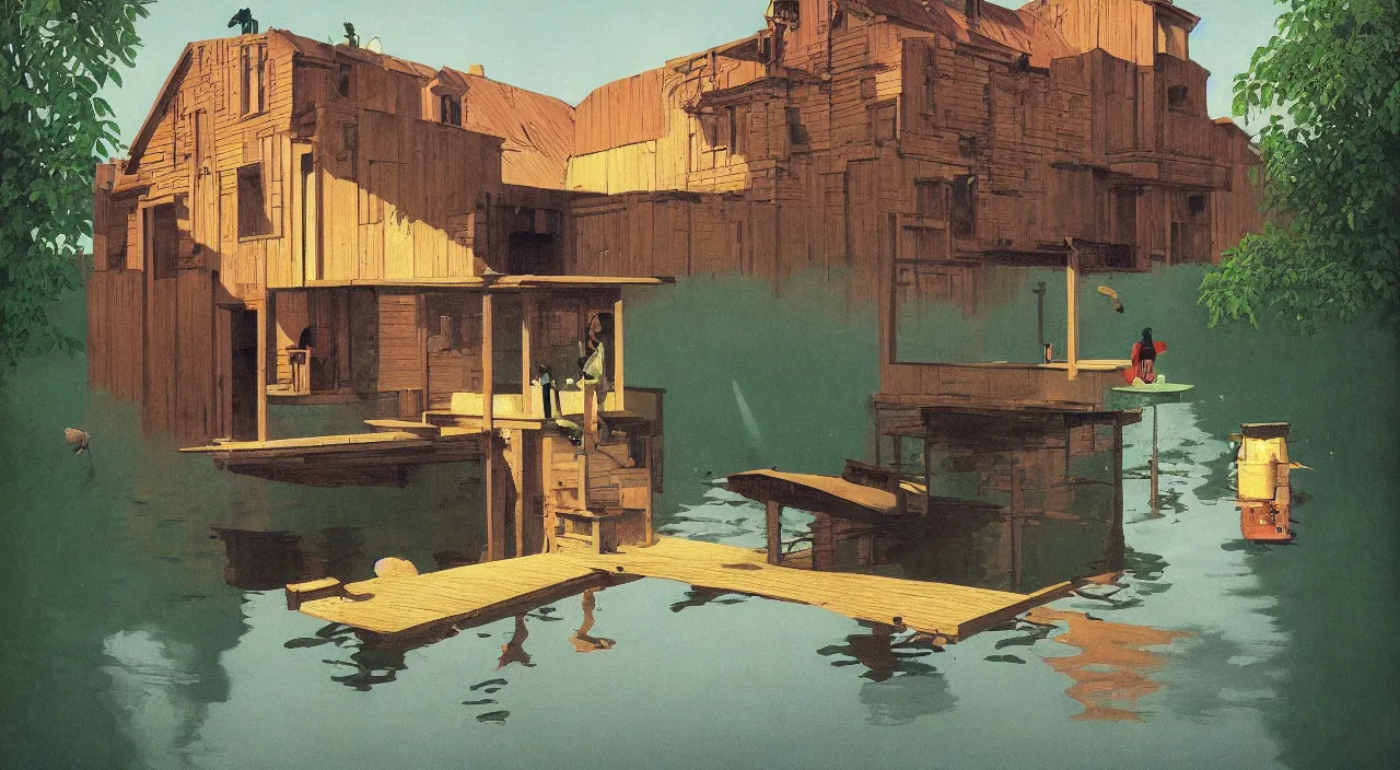 Prompt: single flooded! simple wooden entrance, very coherent and colorful high contrast!! masterpiece by rene magritte simon stalenhag carl spitzweg syd mead norman rockwell edward hopper james gilleard, water, minimalist, dark shadows, sunny day, hard lighting