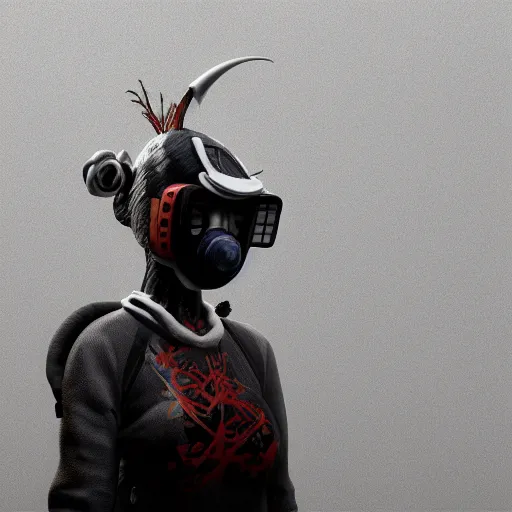 Prompt: japanese solarpunk ninja in an art gallery with extremely detailed respirators and head gear, inspired by die antwoord beautiful, hand painted textures, cloth physics, deviantart, karol bak, masamune shirow, black and white, beautiful kawaii lighting, photorealistic, concept art, perfect render, 3 d render, pixar, 8 k