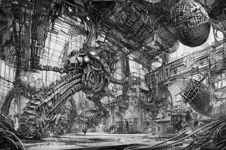 Image similar to dieselpunk huge robotic dragonfly, inside an gigantic underground concrete doom hangar, interior structure, drains, storm drains, jungle, vines, algea, cables, panels, walls, ceiling, floor, doors, brutalist architecture, intricate ink drawing, highly detailed in the style of Ashley Wood, moebius and Tsutomu Nihei, photorealistic, cinematic, intricate detail, well lit,