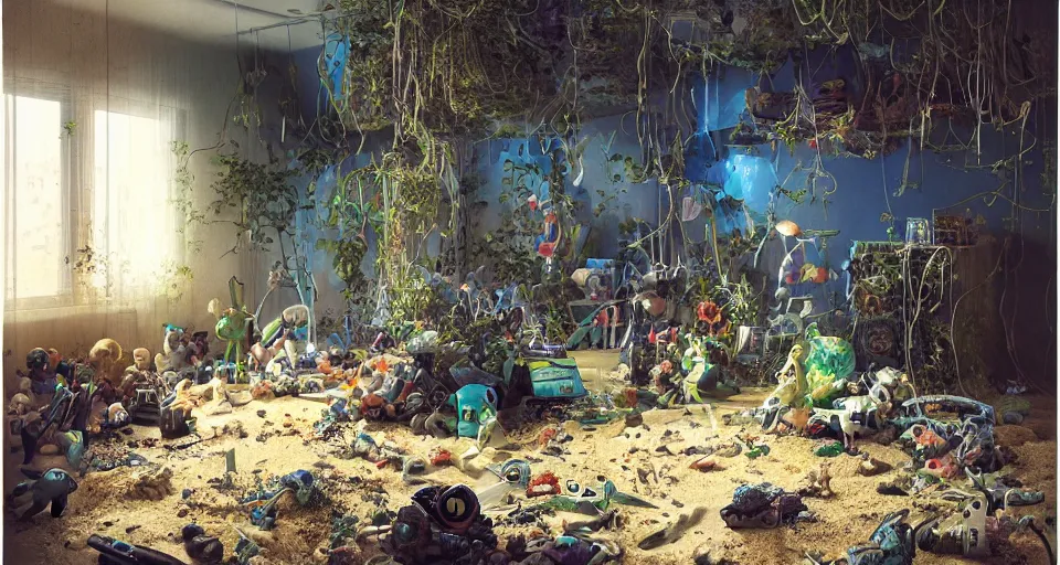 Image similar to IKEA catalogue photo, cyberpunk childrens bedroom, toys, mess, drawings, sand piled in corners, dust, organic, vines, overgrown, tropical, by Beksiński