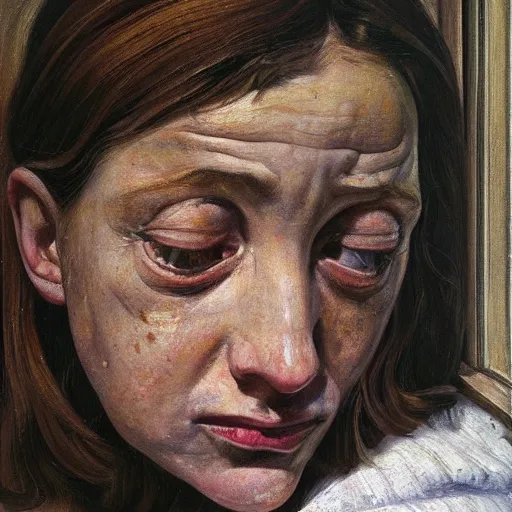 Prompt: high quality high detail painting by lucian freud, hd, crying young woman portrait by the window, photorealistic lighting