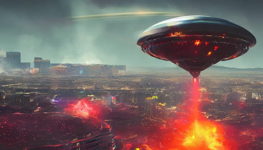 Prompt: humongous ufo upon las vegas destroying the city with alien laser, destruction, explosion, fire, smoke columns, ashes, hyperdetailed, artstation, cgsociety, 8 k