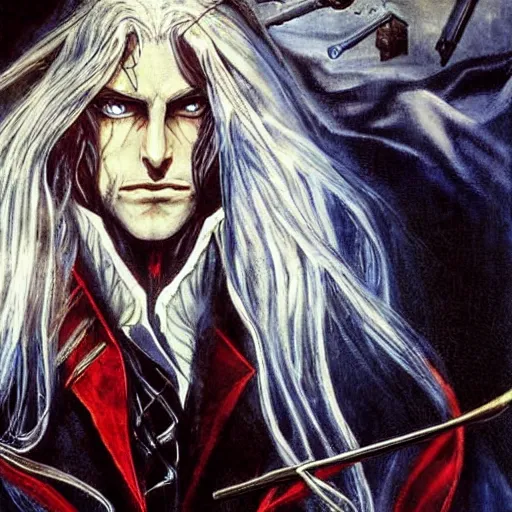 Prompt: A portrait of Alucard from Castlevania Symphony of the Night, very beautiful painting by Ayami Kojima