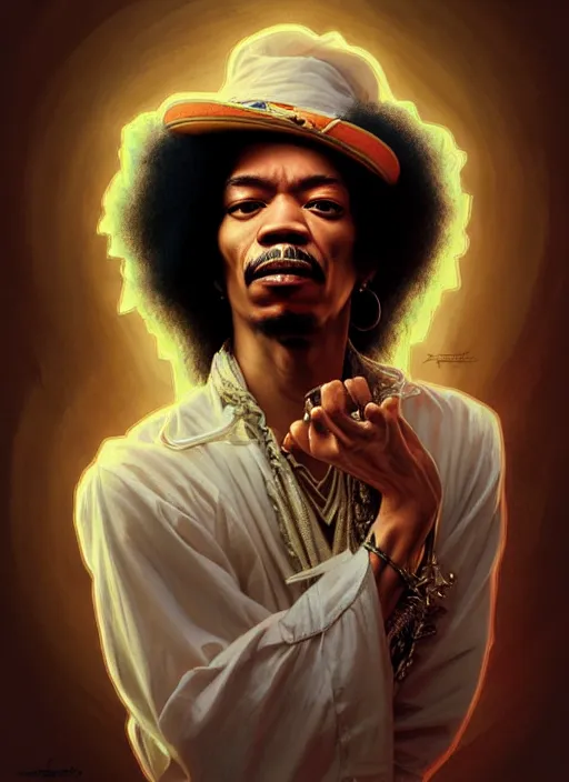 Image similar to portrait of jimmy hendrix, intricate, elegant, highly detailed, digital painting, artstation, concept art, smooth, sharp focus, illustration, art by artgerm, greg rutkowski, alphonse mucha, uang guangjian, gil elvgren, sachin teng, symmetry!!