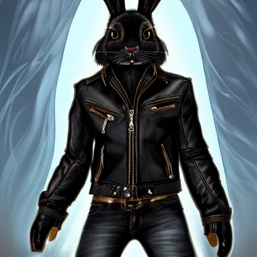 Image similar to A bunny with a small head wearing a fine intricate leather jacket and leather jeans and leather gloves, trending on FurAffinity, energetic, dynamic, digital art, highly detailed, FurAffinity, high quality, digital fantasy art, FurAffinity, favorite, character art