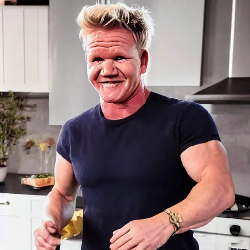 Prompt: gordon ramsay smiling ear to ear after making a dog dish