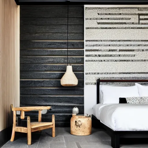 Image similar to bedroom, stone, interior design, stylish luxury hotel bedroom design, yakisugi, black vertical slatted timber, textures, feminine, black walls, art, Japanese pottery vase with flowers, kakejiku, seasonal, Japanese influences