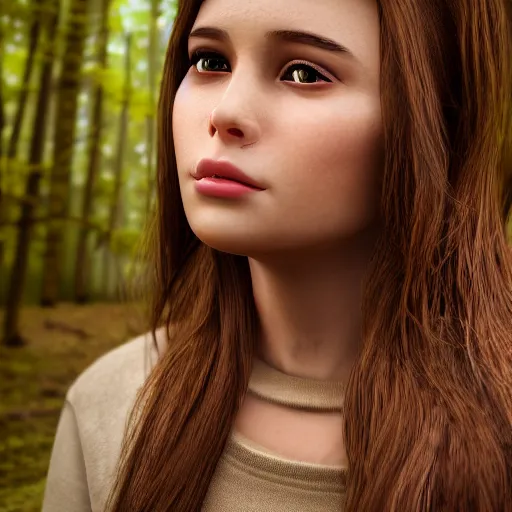 Image similar to real life photo of a beautiful girl, full body photoshoot, long brown hair, brown eyes, full round face, short smile, long sleeved belly free brown shirt, forest setting, cinematic lightning, medium shot, mid - shot, highly detailed, trending on artstation, unreal engine 4 k, 8 0 mm, 8 5 mm, cinematic wallpaper