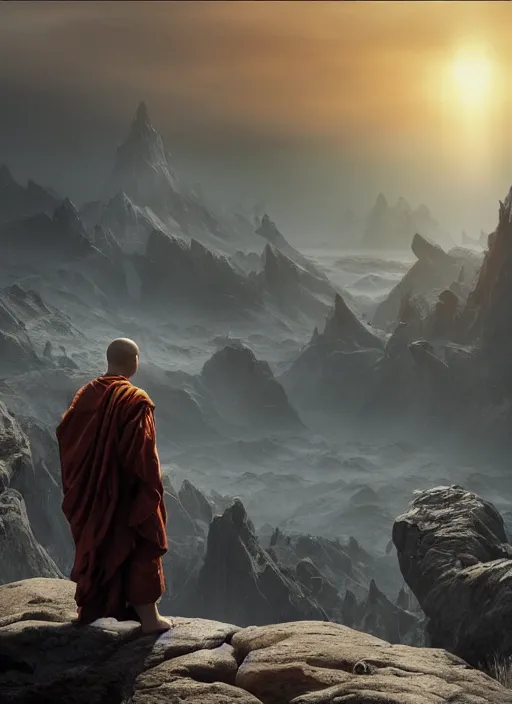 Prompt: a cosmic monk in lord of the rings scenery landscape, looking out at a futuristic alien spaceship in the sky, sunrise, god's rays, highly detailed, vivid color, cinematic lighting, perfect composition, 8 k, gustave dore, derek zabrocki, greg rutkowski, belsinski, octane render