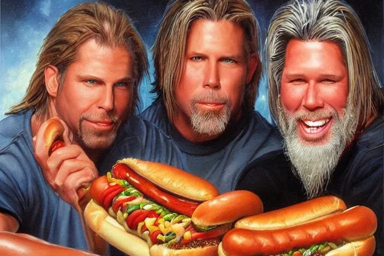 Image similar to portrait of wwf shawn michaels and wcw kevin nash sharing hotdogs, an oil painting by ross tran and thomas kincade