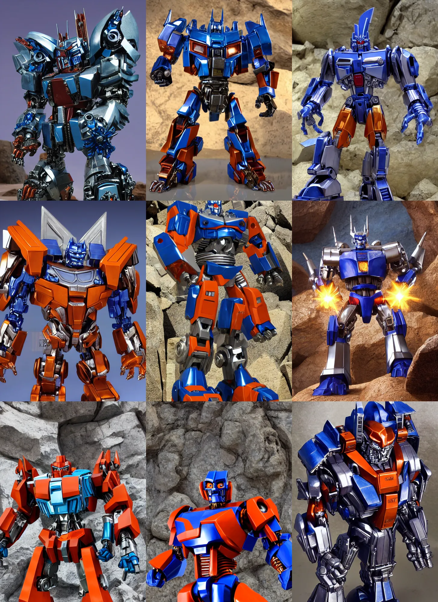 Prompt: dynamic character portrait of chromed optimal optimus from beast wars in robot mode standing in a rock quarry, rock quarry location, daytime, beast wars, beast wars, transmetal, transmetal ii, orange and blue color scheme, chromed metal, metallic chrome paint, metallic chrome, metallic paint, chromed plastic, transformers cartoon, transformers beast wars