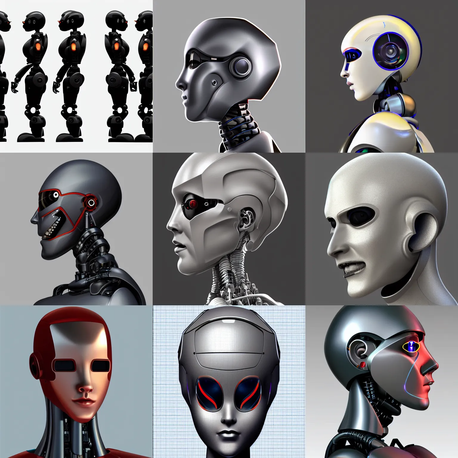 Prompt: sideview frontview robot portrait close up turnaround very high resolution sharp 8k detailed realistic concept art painting model sheet design on artstation