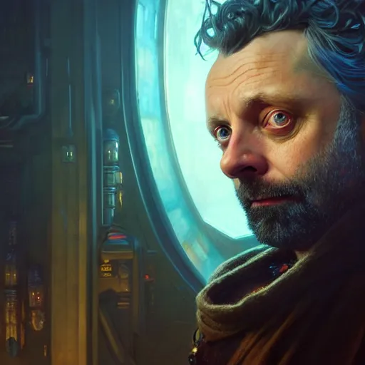 Image similar to portrait painting of a cyberpunk dwarf mage michael sheen, ultra realistic, concept art, intricate details, eerie, highly detailed, photorealistic, octane render, 8 k, unreal engine. art by artgerm and greg rutkowski and charlie bowater and magali villeneuve and alphonse mucha