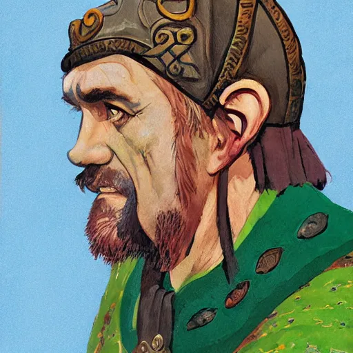 Image similar to full face portrait of fantasy Celtic chieftain and Magus 'Eoghaill na Murnach' or 'Eoghaill of the Murine Horde'. Gouache art, historical illustration, in the style of Angus McBride.