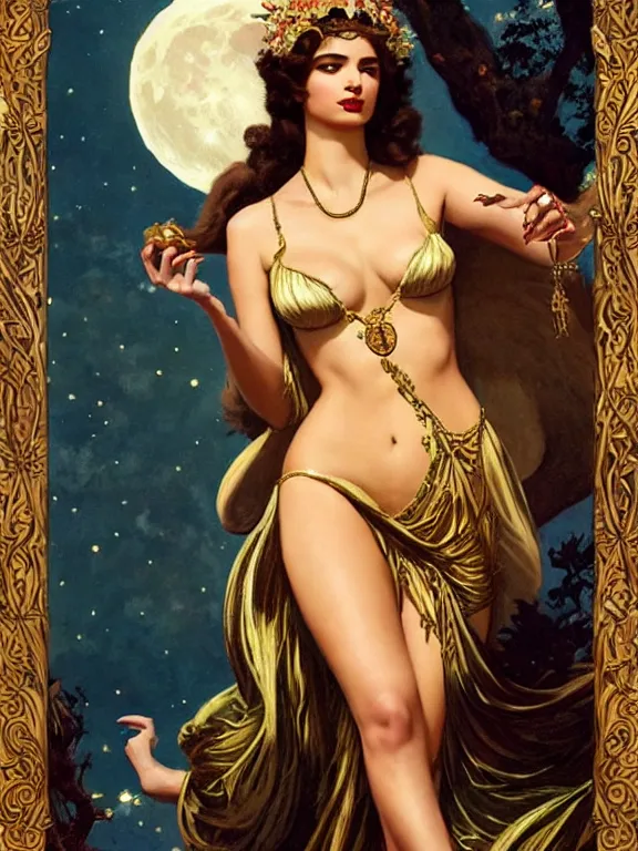 Image similar to Emily Ratajkowski as the magic Greek goddess Circe, a beautiful art nouveau portrait by Gil elvgren, moonlit Mediterranean environment, centered composition, defined features, golden ratio, intricate gold jewlery