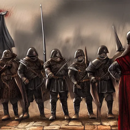 Prompt: realistic, 5 medieval soldiers, in line, pikes, hellbards, banner, flag, mist, up facing, epic, digital art, illustration, fantasy, realistic sketch, dark