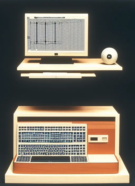 Prompt: realistic photo of a scientific model of perfect computer made of wood, front view, 1 9 9 0, life magazine reportage photo, metropolitan museum photo