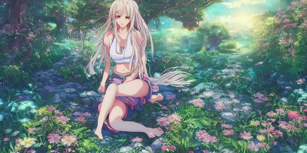 Image similar to anime key visual of a pretty girl with blue flowing hair, wearing sweatpants and a crop top, meditating in a magical fantasy garden, lofi feel, magical, highly detailed, digital art, artstation, smooth, hard focus, illustration, art by artgerm - in the style of final fantasy and studio ghibli