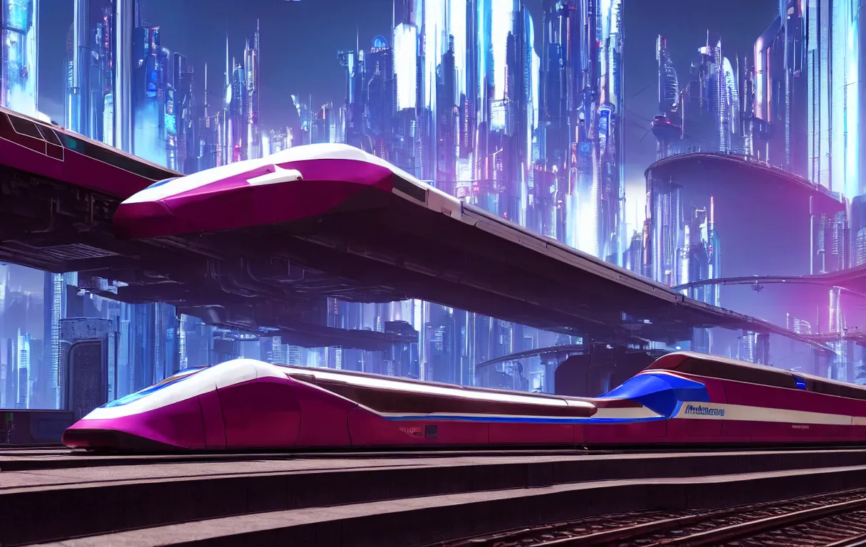 Prompt: cyberpunk maglev train riding though futuristic station, futuristic cityscape in background, gorgeous lighting and metallic reflection, maroon and blue accents, 8k, large scale, high detail, side profile, star citizen area 18, origin 890 jump