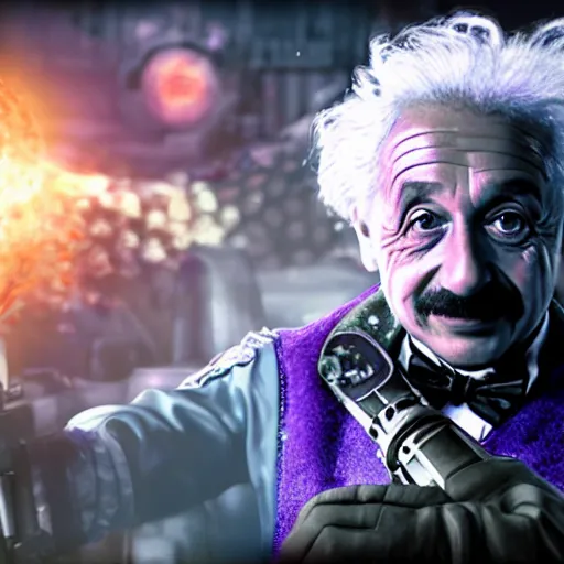 Image similar to albert einstein as willy wonka in gears of war, splash art, movie still, cinematic lighting, dramatic, octane render, long lens, shallow depth of field, bokeh, anamorphic lens flare, 8 k, hyper detailed, 3 5 mm film grain