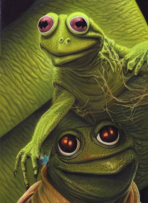 Prompt: portrait of kermit the frog in the fly ( 1 9 8 6 ), highly detailed, centered, solid color background, digital painting, artstation, concept art, smooth, sharp focus, illustration, artgerm, donato giancola, joseph christian leyendecker, les edwards, ed repka, wlop, artgerm
