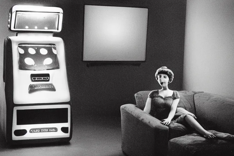 Prompt: an extremely realistic life-sized slushie machine porcelain model sitting on a gray couch from 1985, bathed in the glow of a television, low-light photograph