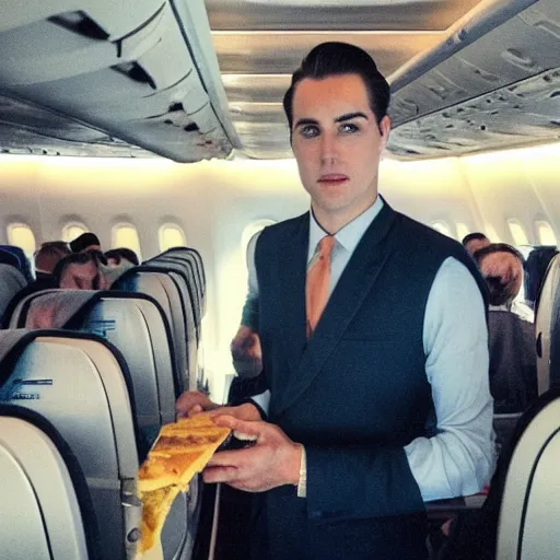 Image similar to a tall attractive man with slicked back brown hair eating cheese on an airplane