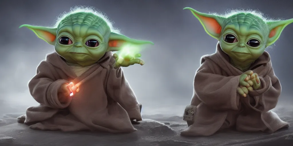 Prompt: Baby Yoda sitting is fighting Thanos, hyperdetailed, artstation, cgsociety, 8k