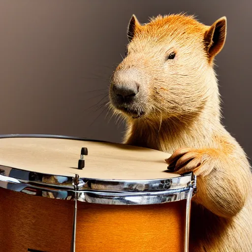 Image similar to high resolution photo of a capybara playing a jazz drum set, wide angle, 2 8 mm