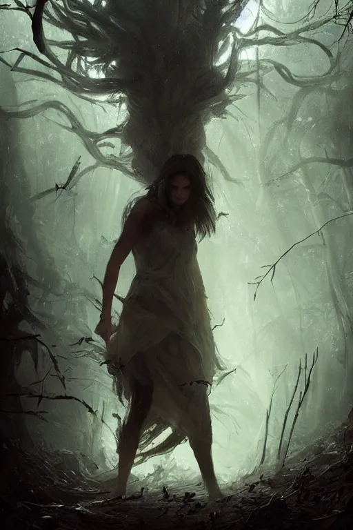 Image similar to a young woman covered in cobwebs, dramatic lighting, cinematic, dark forest, greg rutkowski