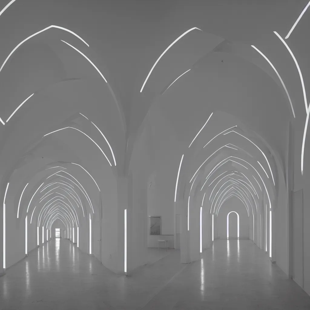 Image similar to hallway with arches lit by soft neon, dan flavin, dezeen, 50mm, pentax, film