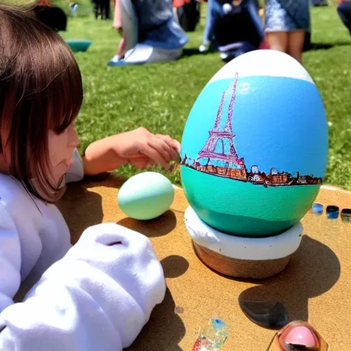 Prompt: A polar bear painting easter eggs in front of the Eiffel Tower