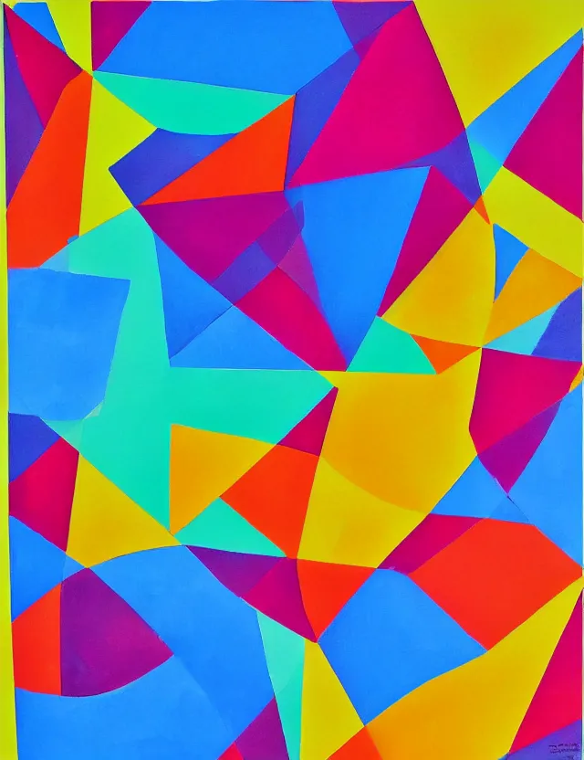 Image similar to a abstract bright color painting with geometrical shapes, symmetry in the style of farid alam