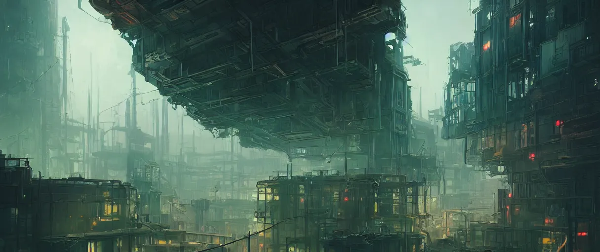 Prompt: dystopian city of factories, lots of smoke rising from chimneys, concept art, digital painting, style of jordan grimmer, dark green lighting, futuristic, volumetric lighting, view from below, symmetrical, vivid colours, bright, daytime, godrays, high detail