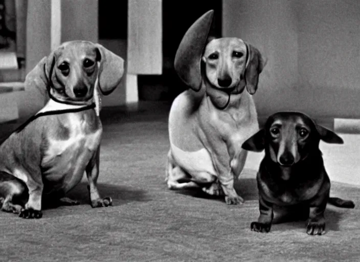 Image similar to stills from akira kurosawa's 1 0 7 dachshunds,