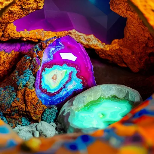 Image similar to ( a skeleton in a colorful geode ), ( ultra realistic, ultra 4 k, provided by unreal engine, artstation, archeological discover, realisms, photography )